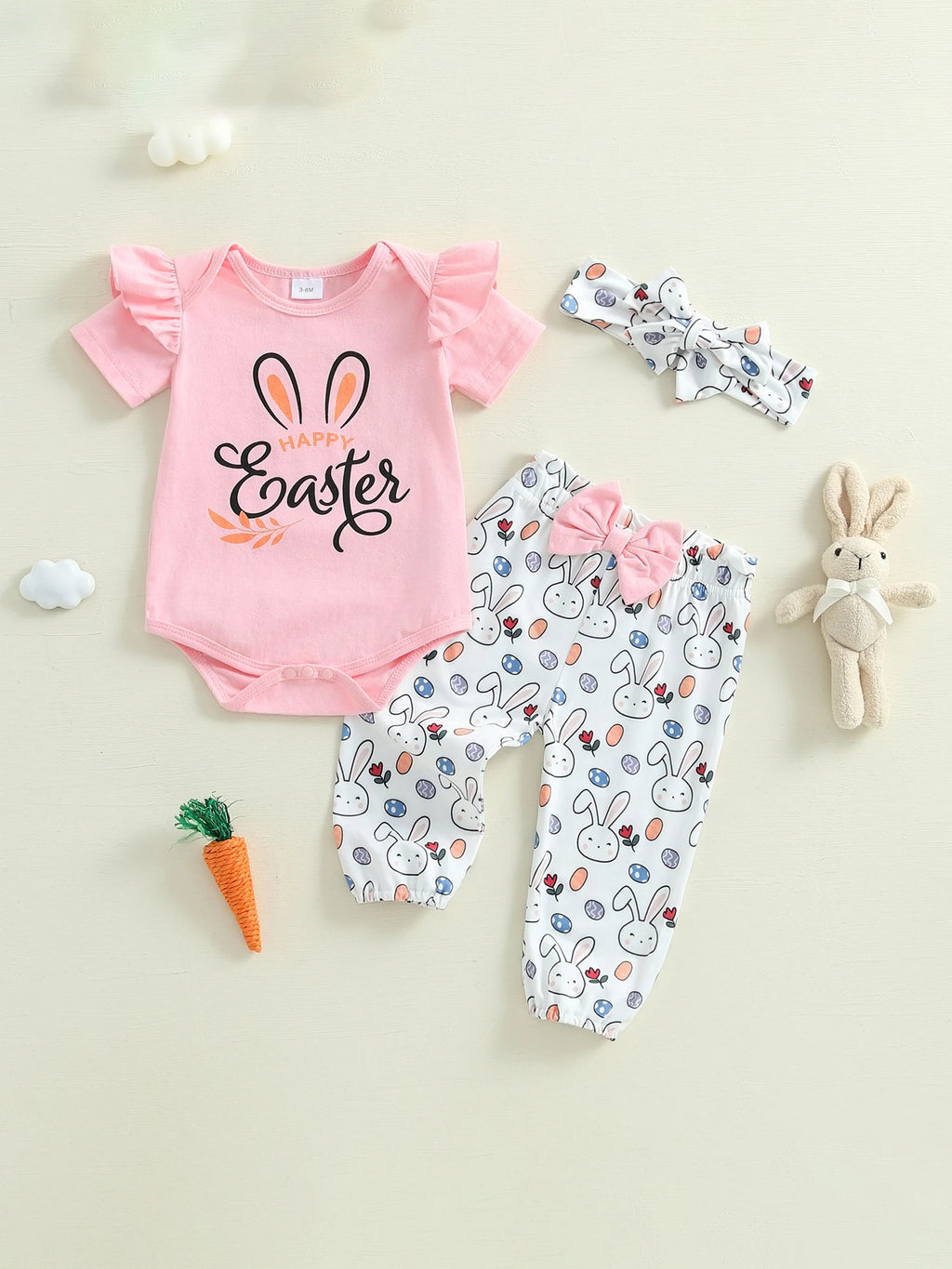 Adorable Baby Girl Easter Outfit Set with Letter Print Romper Bunny Print Pants and Matching Headband - 3 Piece Ensemble