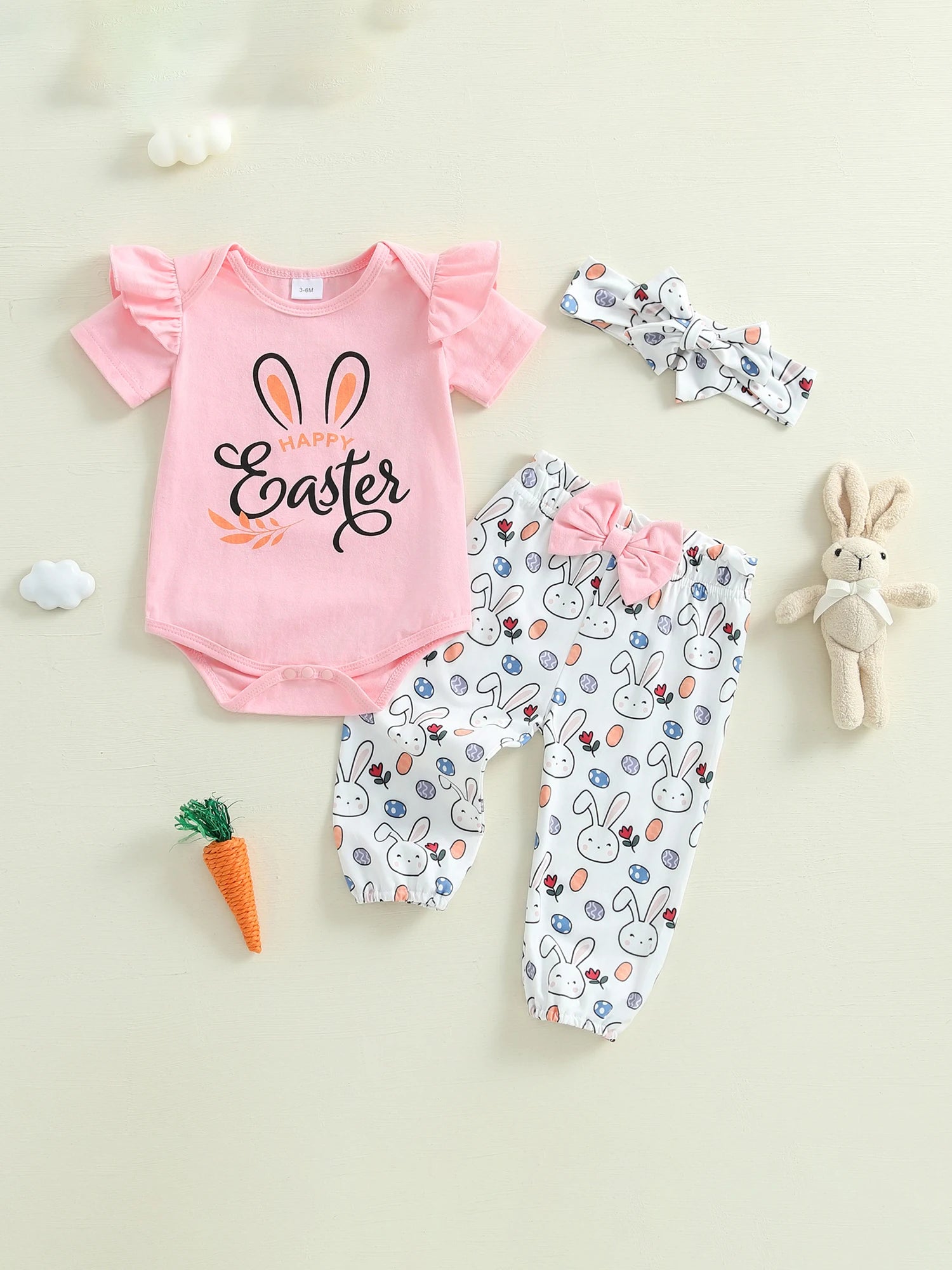 Adorable Baby Girl Easter Outfit Set with Letter Print Romper Bunny Print Pants and Matching Headband - 3 Piece Ensemble