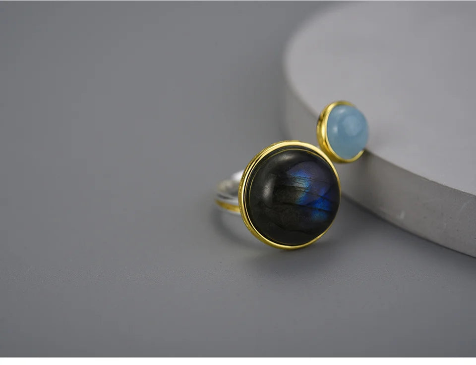 Lotus Fun Real 925 Sterling Silver Natural Labradorite Moonlight Gemstones Ring Fine Jewelry Mysterious Lake Rings for Women