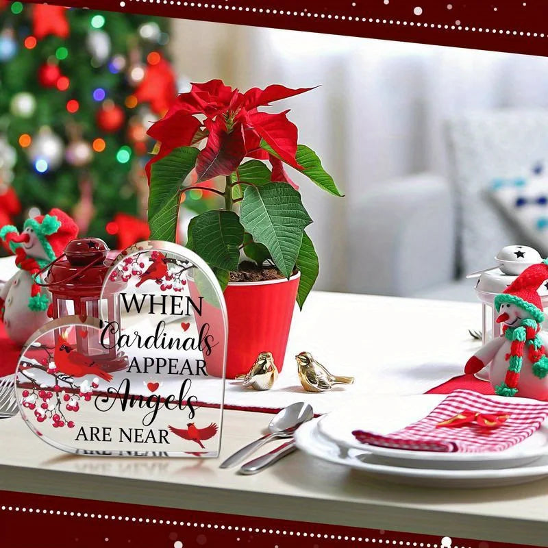 Red Cardinal Memorial Gifts – Crystal Acrylic Heart. Xmas Centerpiece, Sympathy for Loss.