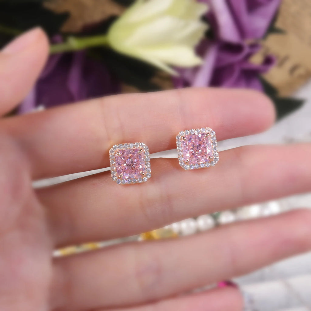 GEM'S BALLET 925 Sterling Silver Luxury Jewelry Women's Earrings Diamond-fire CZ- Diamond Pink  Halo Stud Earrings Gift For Her