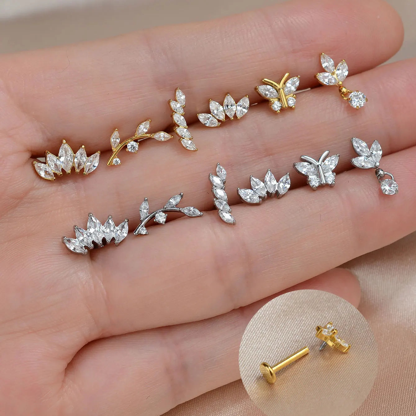 1Piece 16G Titanium Steel CZ Leaf Bee Piercing Lip Labre Studs Tragus Helix Cartilage Couch Lobe Earrings Body Jewelry For Women