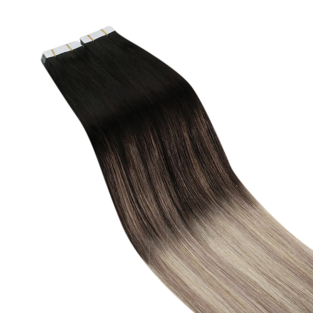 Ugeat Tape in Hair Extensions Balayage Natural Black to Ash Blonde Tape in Hair Extensions Platinum Blonde Tape in Hair for Wome