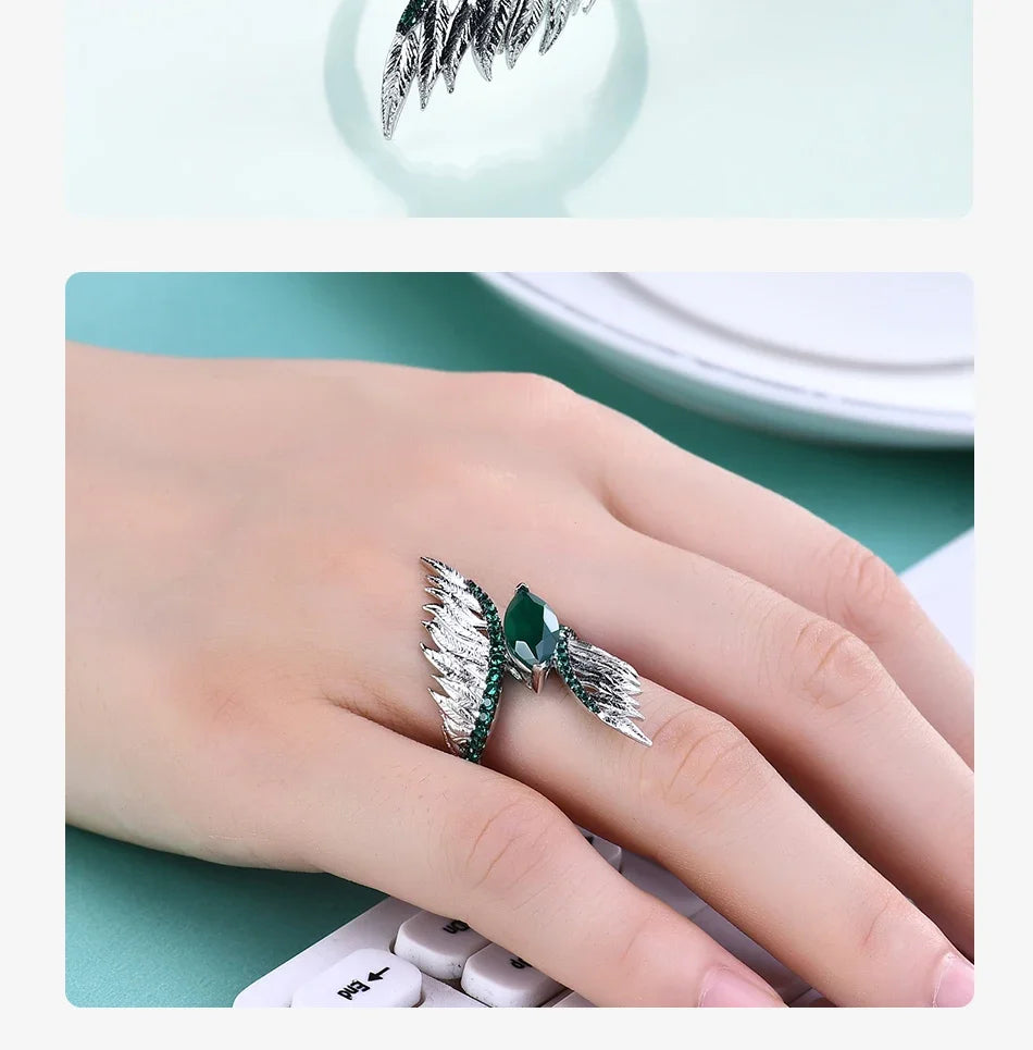 GEM'S BALLET Indian Style 925 Sterling Silver Female Rings For Women Green Agate Feather Finger Ring Sterling Silver Jewelry