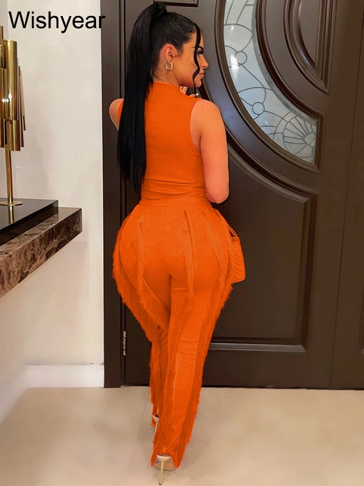 Fashion Sleeveless Top and Drawstring High Waist Fringed Straight Pants Tassel Two Piece Sets Women Streetwear Autumn Tracksuit