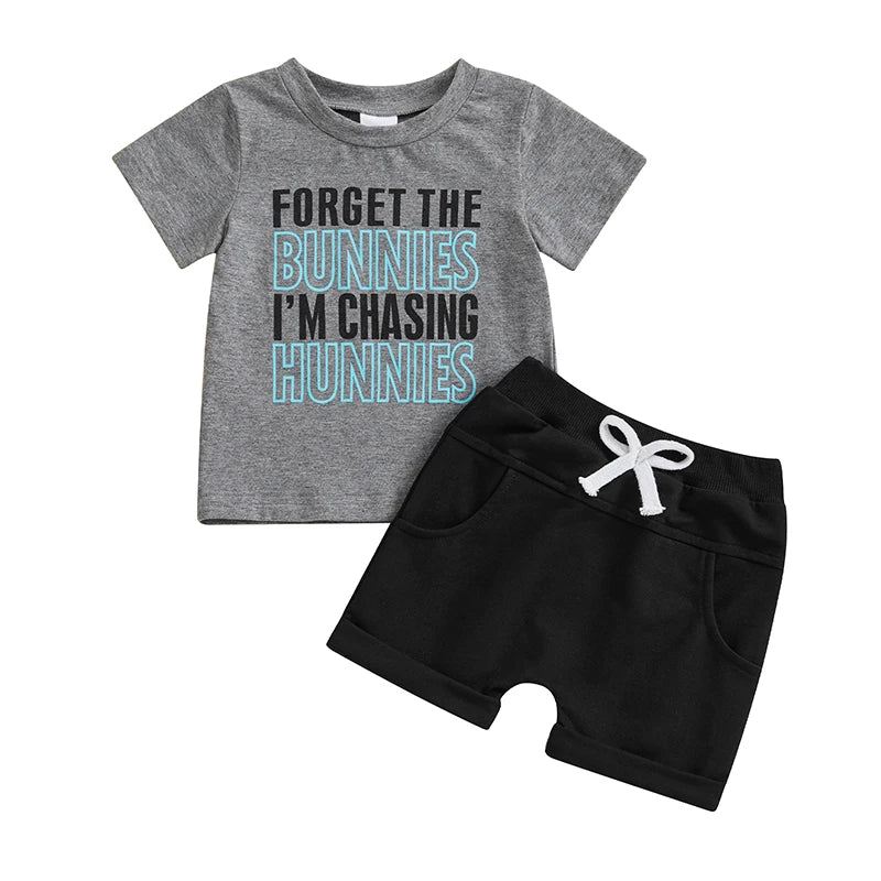 Cute Boys Easter Outfits with Letter Print Round Neck Short Sleeve T-Shirts and Elastic Waist Shorts - 2 Piece Clothing Set for