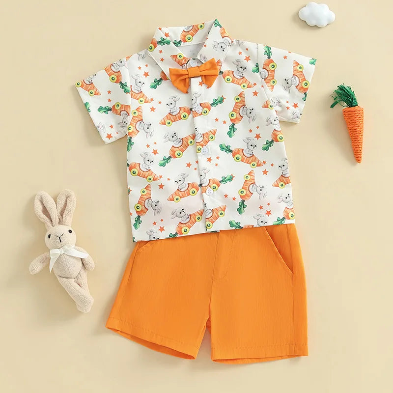 Toddler Boy Easter Outfit Bunny Rabbit Print Short Sleeve Button-up Shirt with Bowtie and Solid Shorts 2 Piece Set - Spring