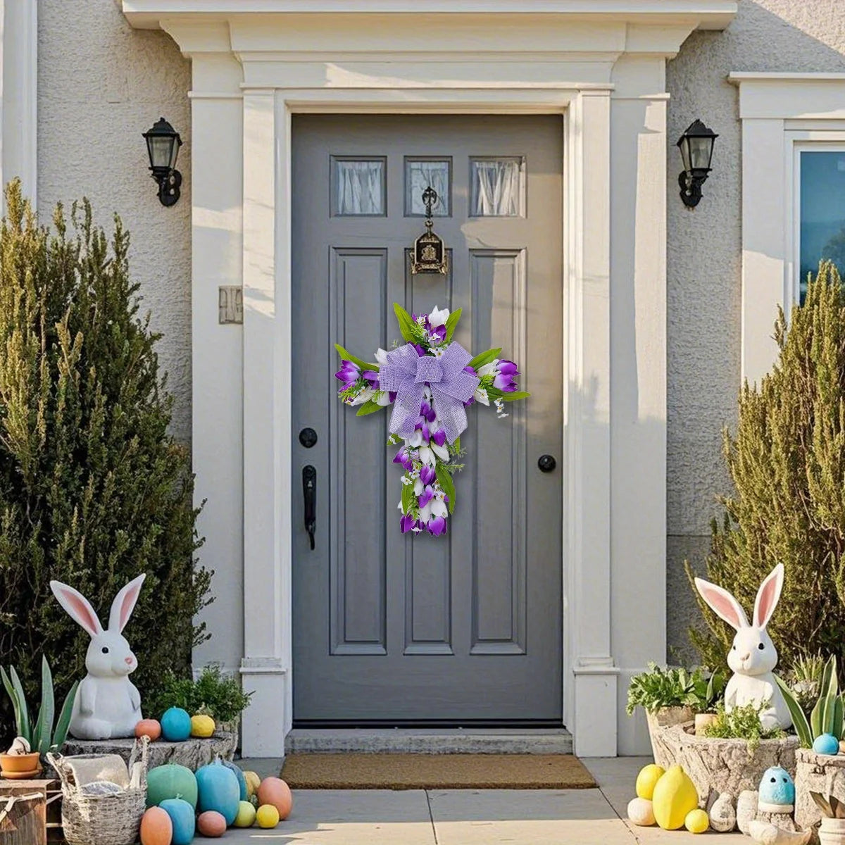 Tulip Crosses Wreath for Front Door Artificial Spring Easter Religious Crosses Wreath Sign Christian Easter Crosses