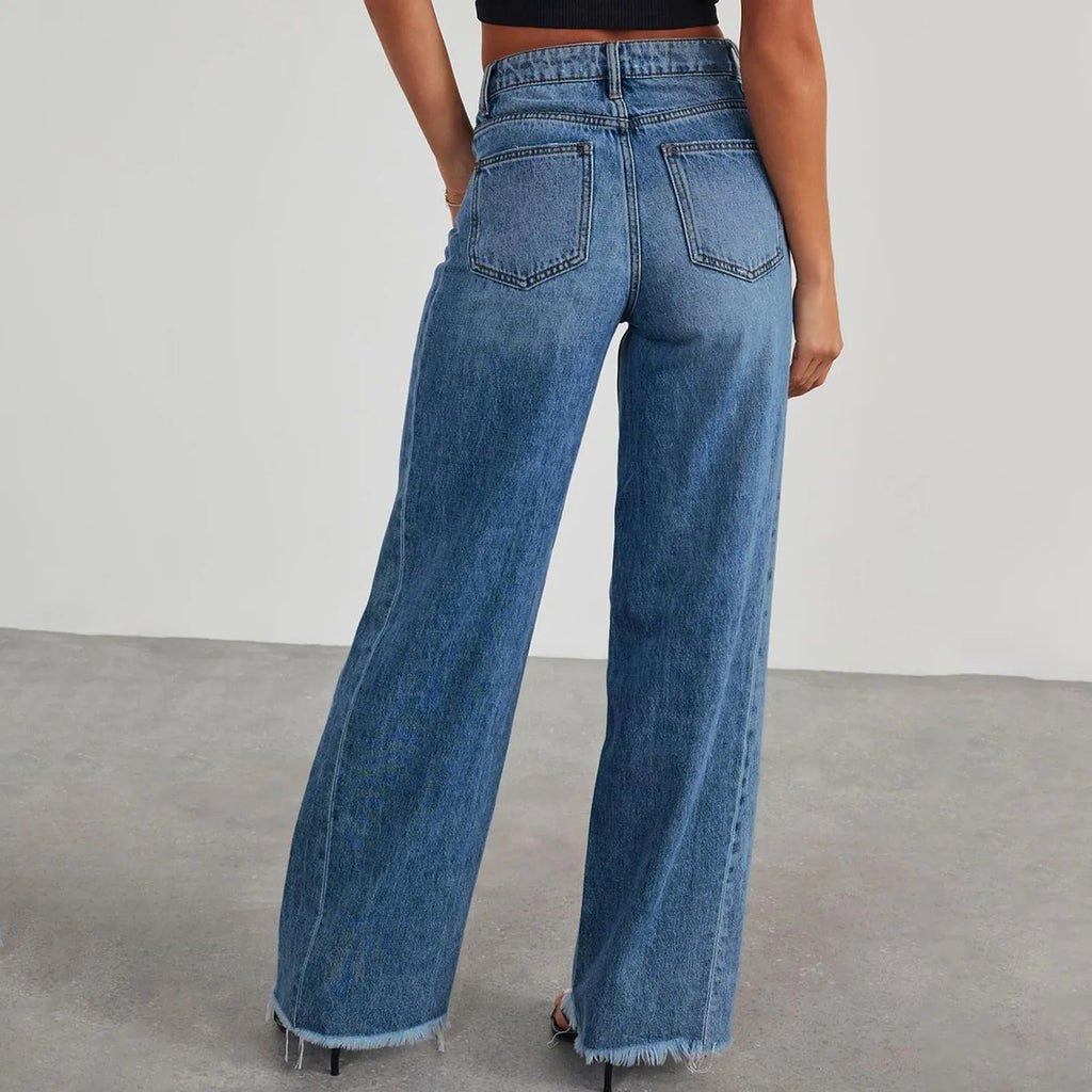 Retro High Waist Straight Leg Jeans Women's Fashion Cross-Border Frayed Hem New Style Side Seam Patchwork Distressed