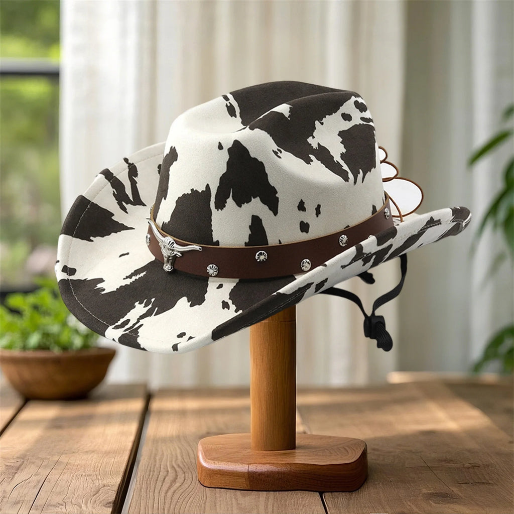 Vintage Leather Cowboy Hat for Women and Men with Cow Print Design Wide Brim Western Cap featuring Windproof Rope and Leather