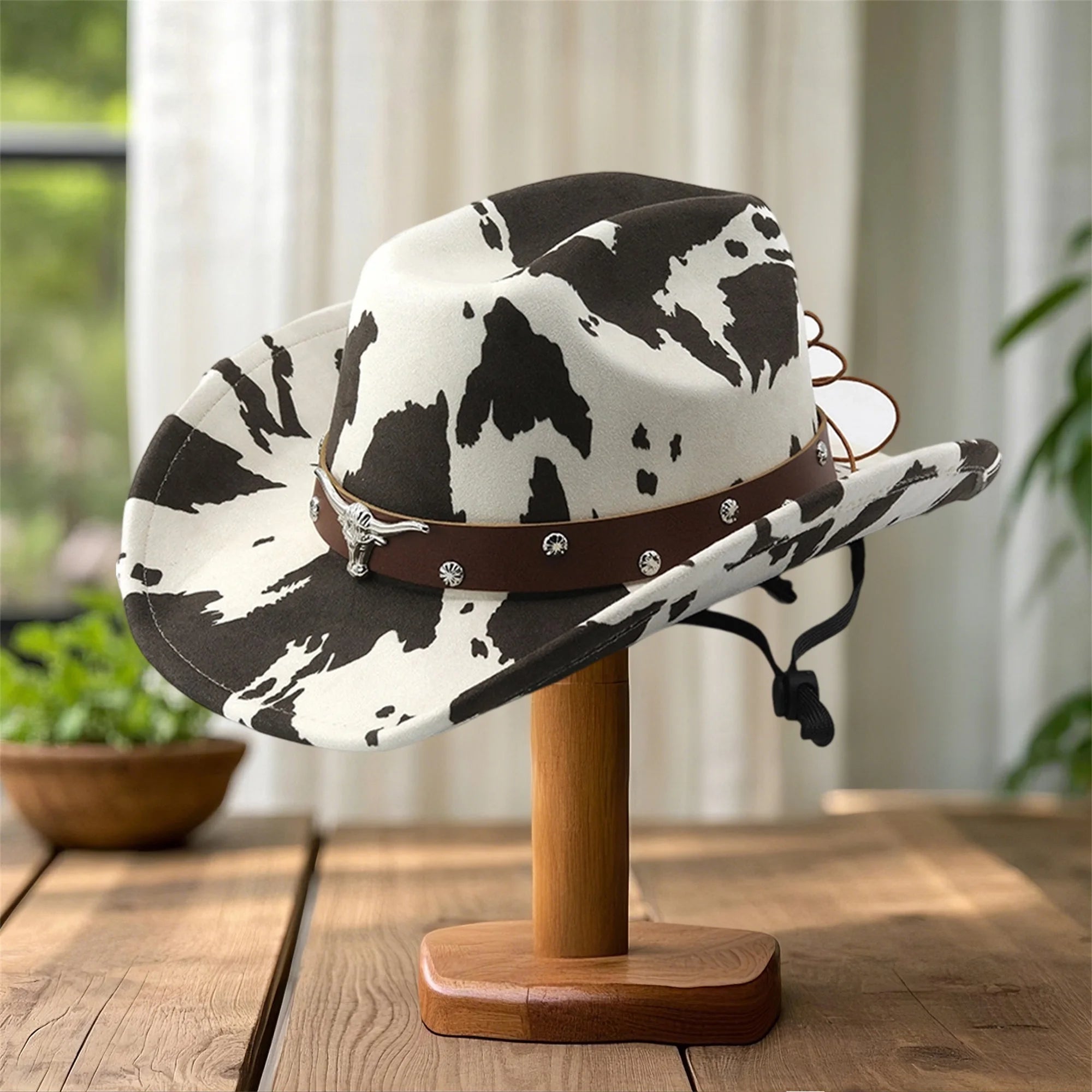 Vintage Leather Cowboy Hat for Women and Men with Cow Print Design Wide Brim Western Cap featuring Windproof Rope and Leather