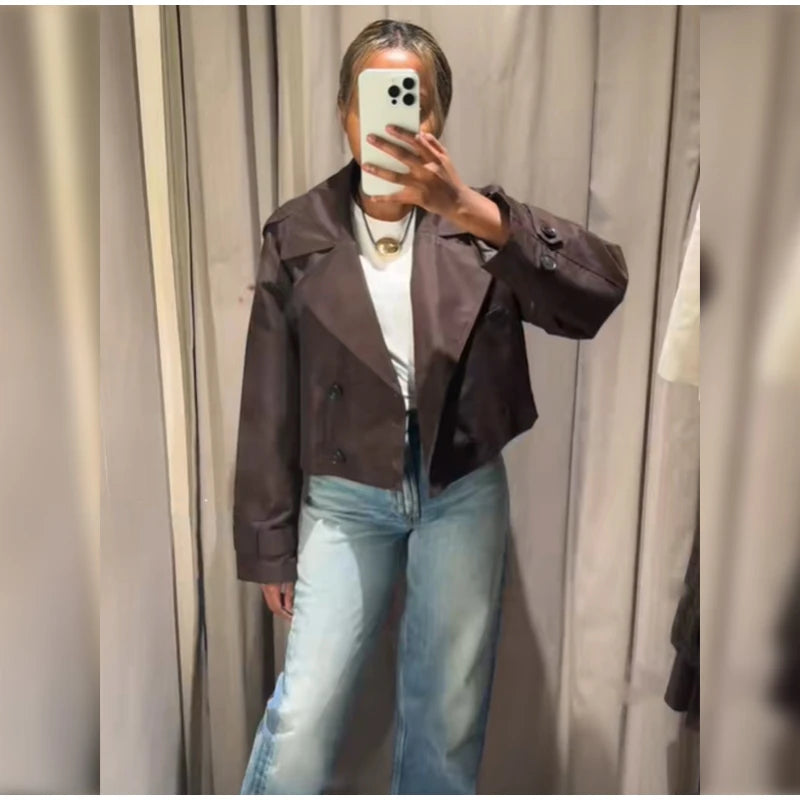 Solid Double-breasted Short Windbreaker Women Fashion Lapel Long Sleeve Slim Thin Jackets 2025 Autumn Female High Street Outwear