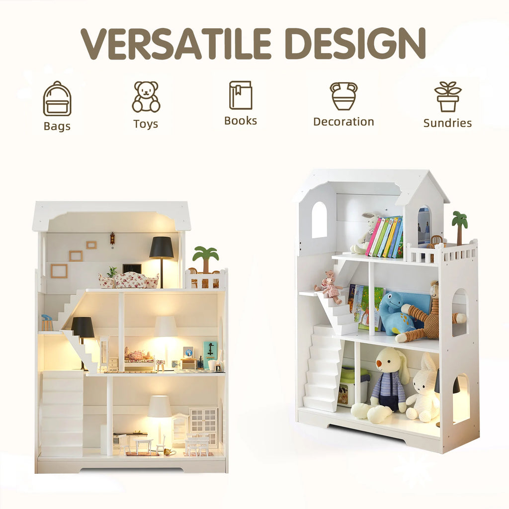 Wooden Dollhouse Bookshelf 3-Tier Doll House Bookcase Kids Books Toys Dolls Storage Organizer Shelves for Children's Bedroom