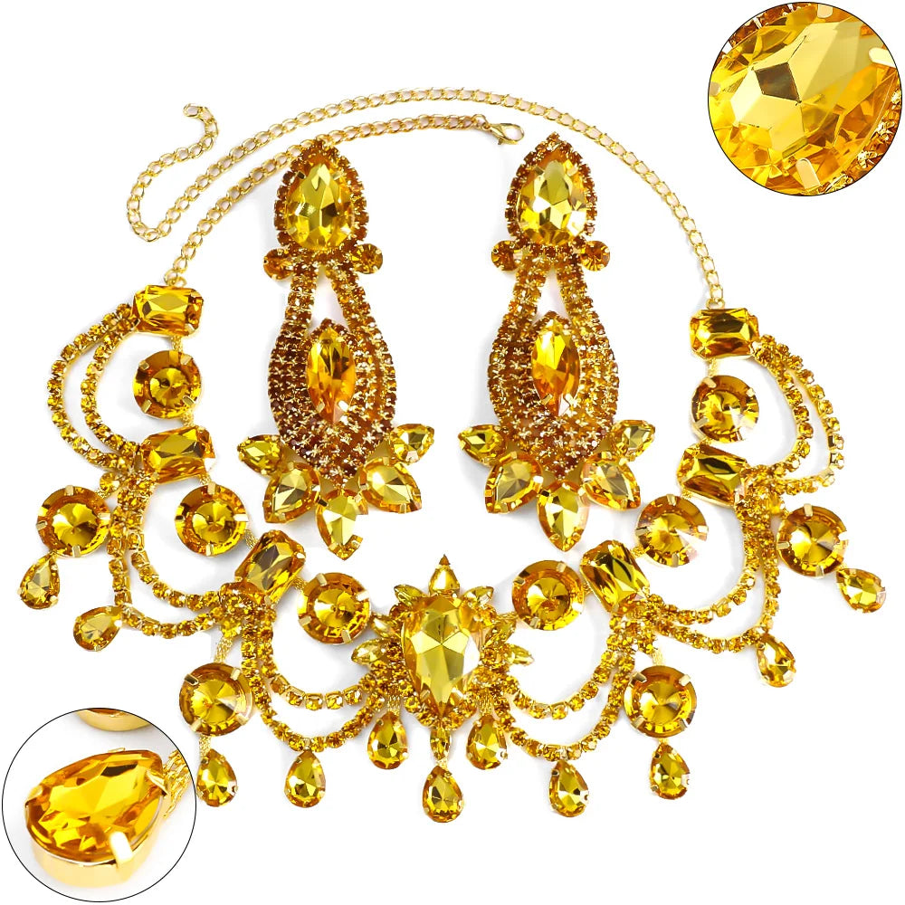 Stonefans Water Drop Tassel Necklace Earrings Sets Banquet for Women 2024 Statement Yellow Rhinestone Jewelry Set Bridal Gifts