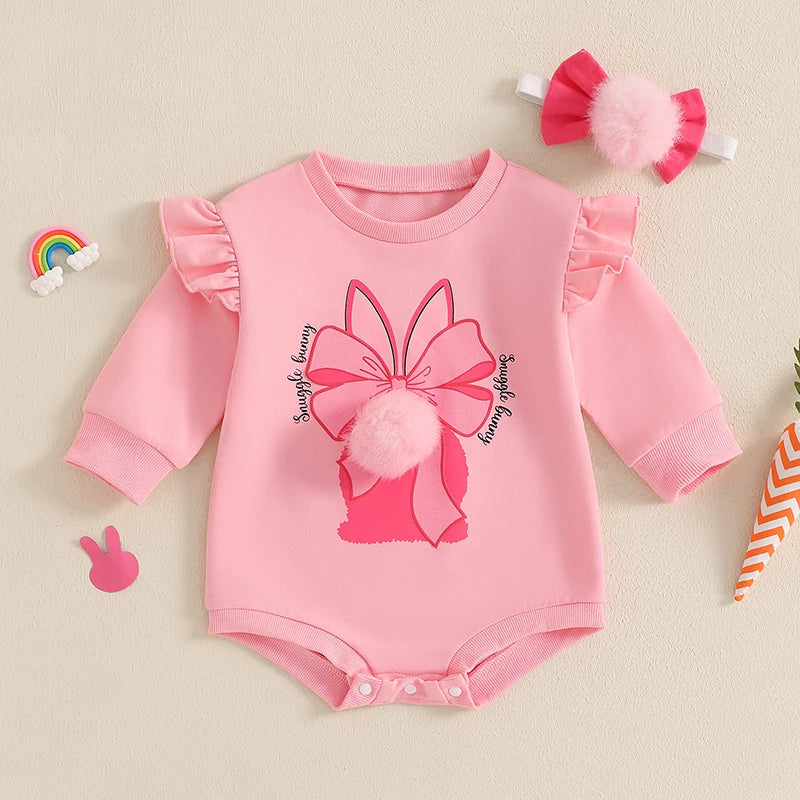 Adorable Toddler Easter Bunny Jumpsuit with Matching Headband - Long Sleeve O Neck Romper for Baby Girls