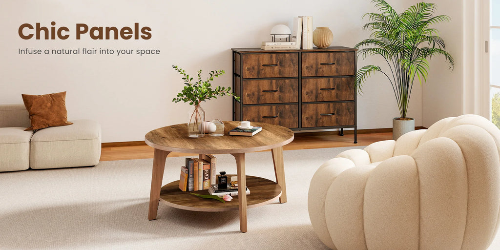 JHK 32IN Wood Round Coffee Table For Living Room 2-Tier Center Counter with Storage 50 lbs Capacity Anti-Slip Feet Modern Design