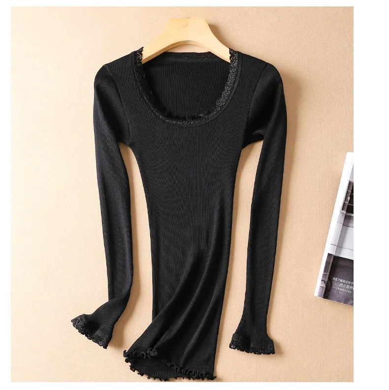 Autumn and Winter Mulberry Silk Women's Warm Underwear Round Neck Silk Lace Edge Long Sleeve Bottom Shirt Slim Fit