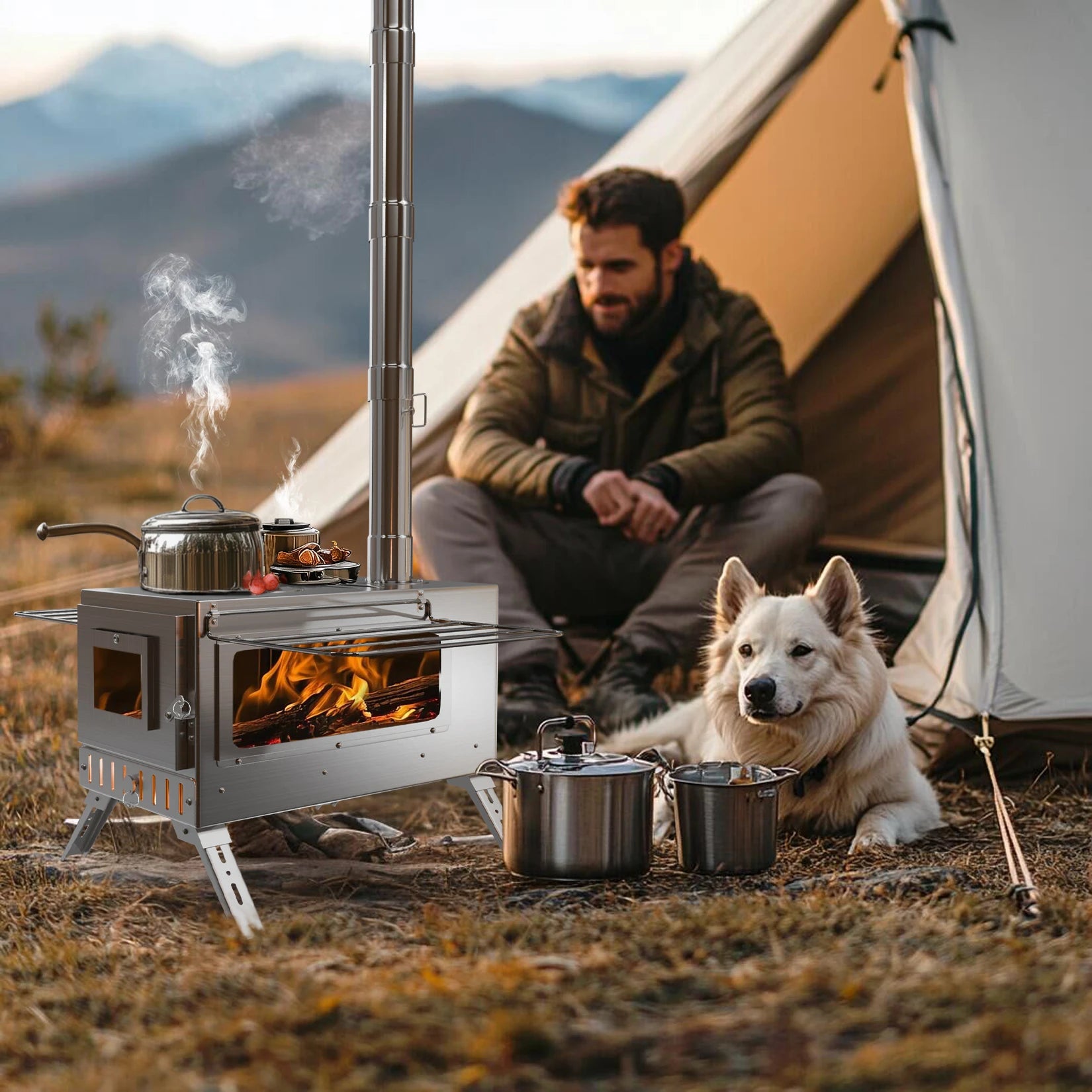 Wisfor Portable Hot Tent Stove,Wood Burning Stove for Camping, Tent Stove With View Glass, Large Stainless Steel Camping Stove