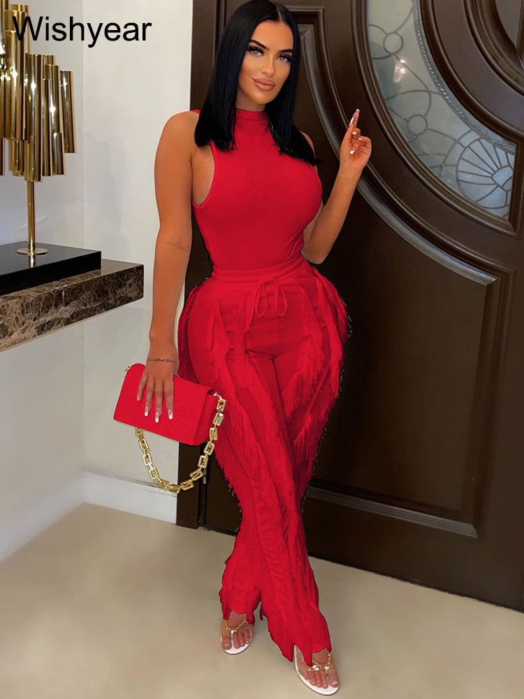 Fashion Sleeveless Top and Drawstring High Waist Fringed Straight Pants Tassel Two Piece Sets Women Streetwear Autumn Tracksuit