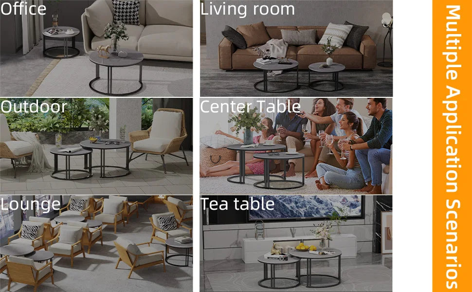Circle Nesting Coffee Table Set of 2, Modern Chic Round Nested Center Coffee Table with Sinter Stone-top Stacked Sofa Side Table