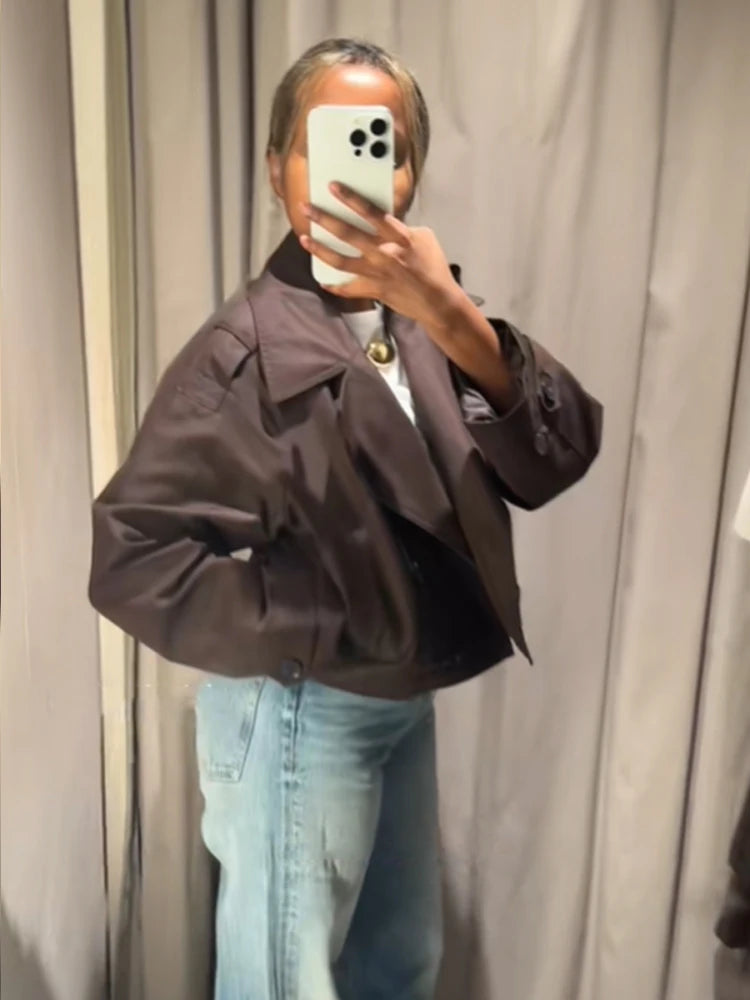 Solid Double-breasted Short Windbreaker Women Fashion Lapel Long Sleeve Slim Thin Jackets 2025 Autumn Female High Street Outwear