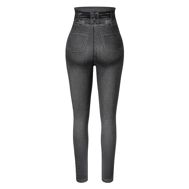 Push Up Seamless High Waist Faux Denim Leggings Women Casual Elastic Pocket Jeans Print Pants Skinny Pencil Leggins Mujer