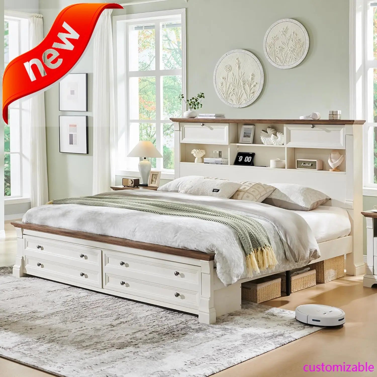 Farmhouse King Size Bed Frame with 54" Tall Storage Bookcase Headboard, Wood Platform Bed Frame(Antique White)