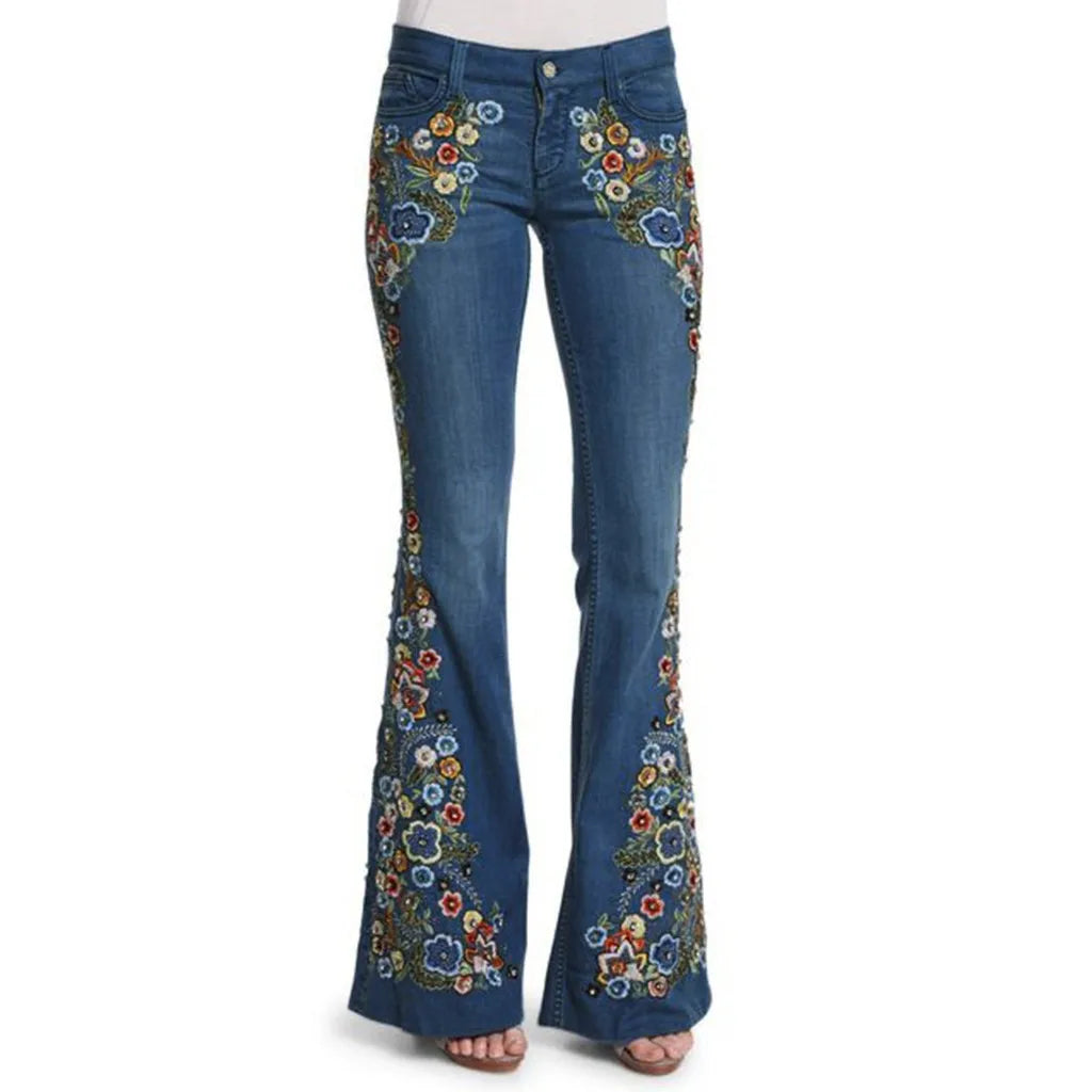 Women Retro Floral Embroidered Denim Flare Pants Distressed Straight Plus Size Trousers Elegant Women Palazzo Wide Leg Jeans