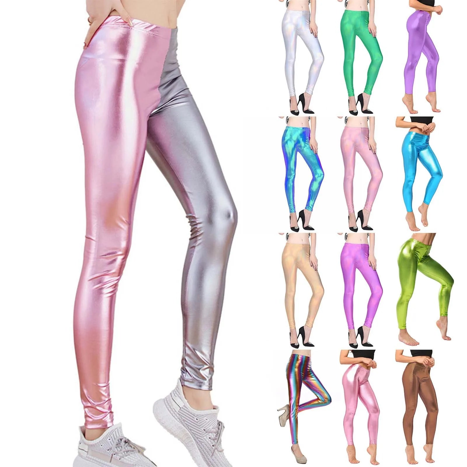 Women Stretchy Leggings Pants Candy Color Party Stage Performance Costumes Clothing High Waist Silver Leggings Clubwear Pants