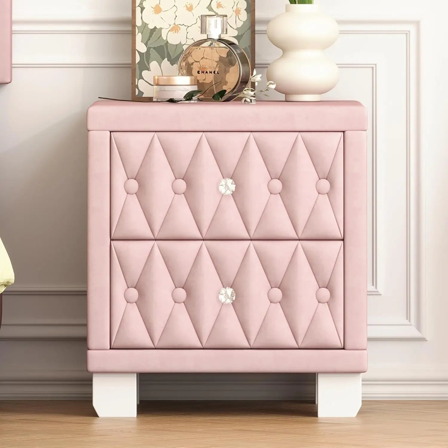 Velvet Nightstand with 2 Drawers, Storage Bedside Table with Button-Tufted and Crystal Handle for Bedroom, Living Room, Apartmen