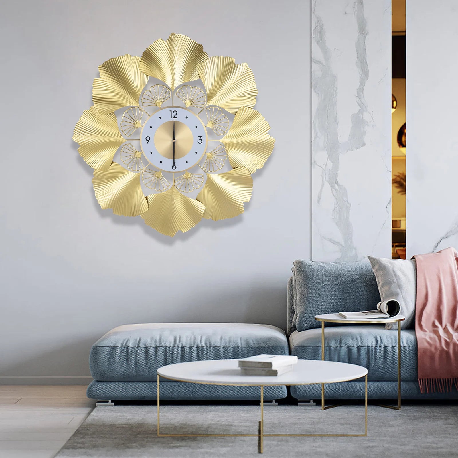 Ginkgo Wall Clock 3D Creative Ginkgo Wall Clock Golden Dial Design Silent Scanning Second Movement Digital Display Study Office