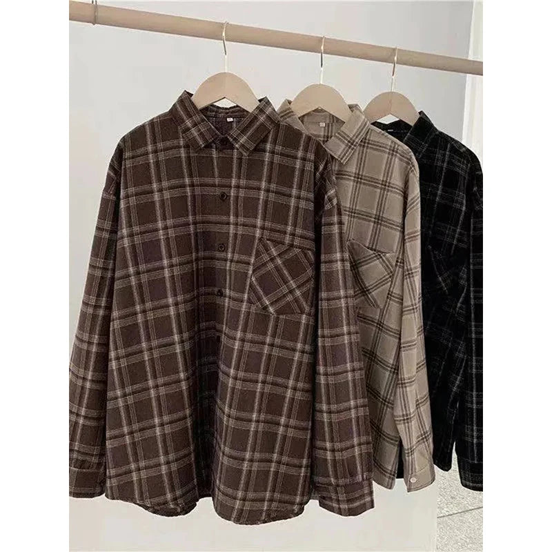 MEXZT Vintage Oversized Plaid Shirts Women Streetwear Long Sleeve Blouses Harajuku Korean Pocket Loose Casual All Match Tops New
