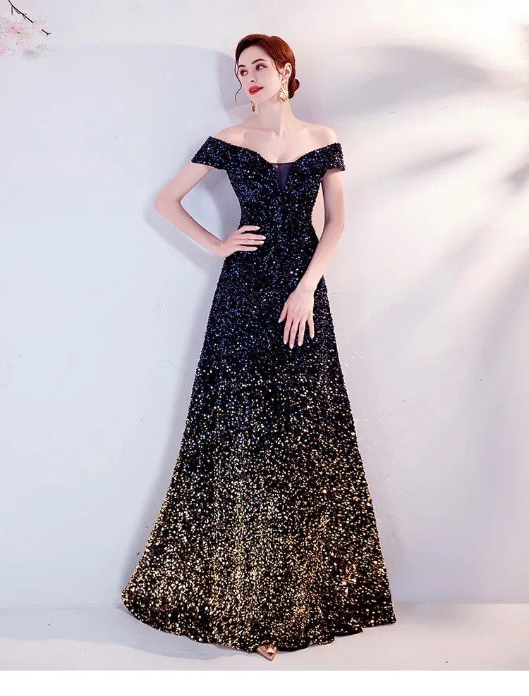 One Shoulder Evening Gown New Gradient Black Annual Party Stage Performance Host Walking Fish Tail Dress for Women 2026