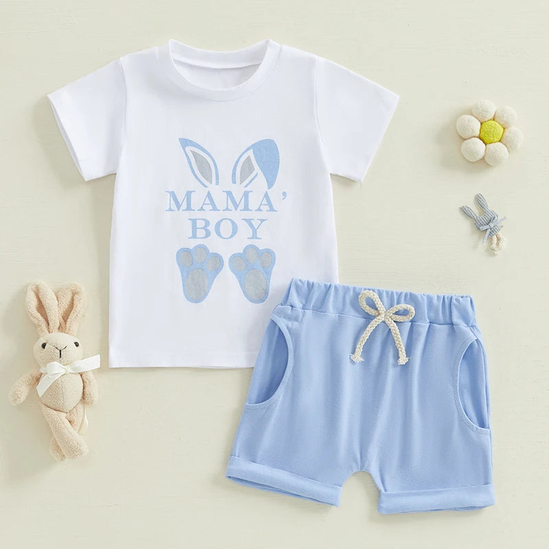 Easter Bunny Romper Set with Rabbit Print Short Sleeve Round Neck Bodysuit and Elastic Waistband Shorts for Infant Boys and