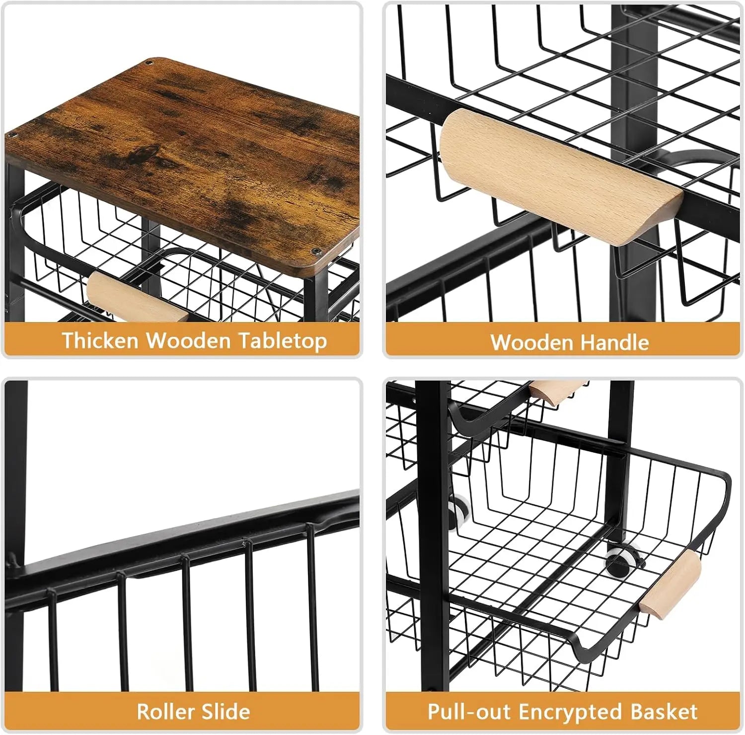 5-Tier Rolling Kitchen Cart with Wooden Top, Metal Mesh Baskets for Fruit Vegetable Storage, Easy Move Wheels