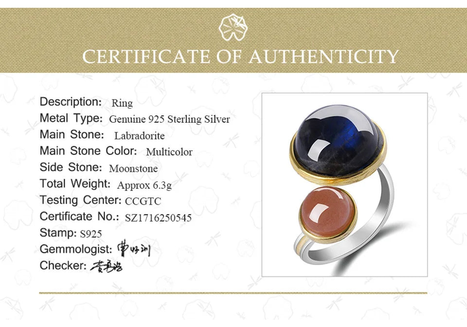 Lotus Fun Real 925 Sterling Silver Natural Labradorite Moonlight Gemstones Ring Fine Jewelry Mysterious Lake Rings for Women