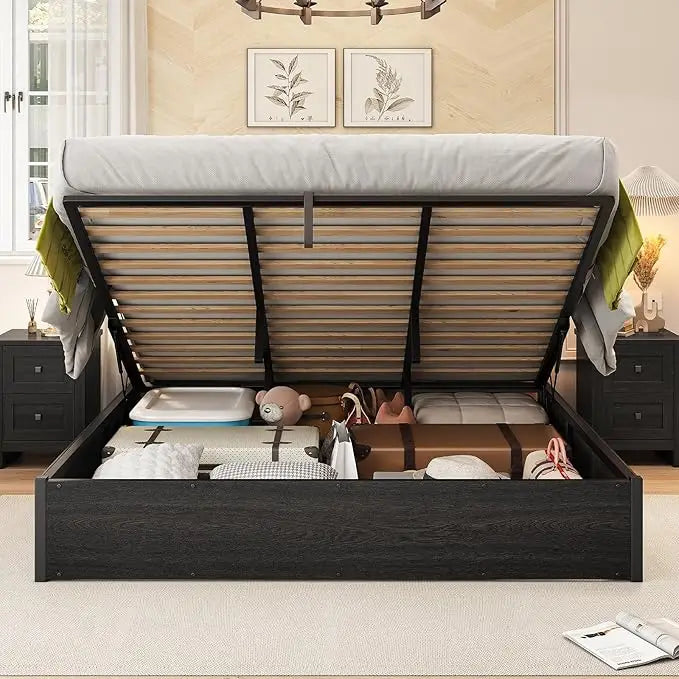 Lift Up Storage Bed, Queen Bed Frame with Storage Underneath, Wooden Platform Bed Frame, Solid Wood Slats Support