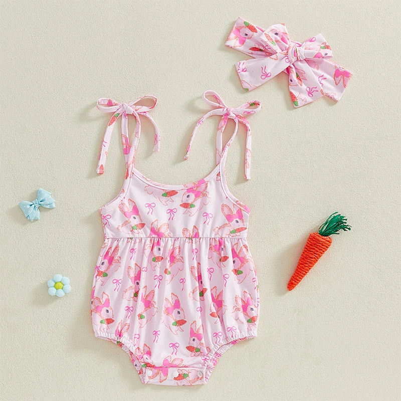 Toddler Girls Spring Floral Print Sleeveless Romper with Matching Headband Set for Easter Celebration and Playdates