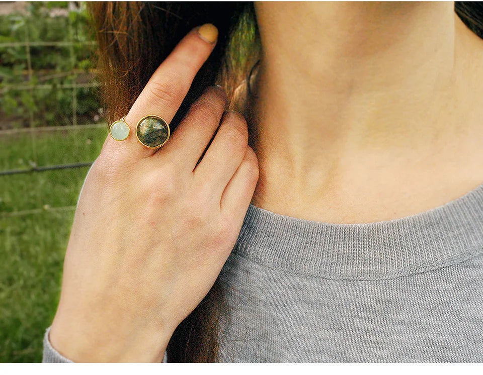 Lotus Fun Real 925 Sterling Silver Natural Labradorite Moonlight Gemstones Ring Fine Jewelry Mysterious Lake Rings for Women