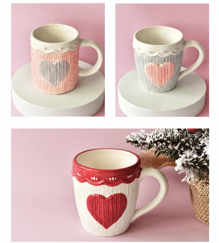 480ml Large Ceramic Coffee Mug Kawaii Bowknot Tea Cup Pink Wool Knitting Mug Dishwasher and Microwave Safe