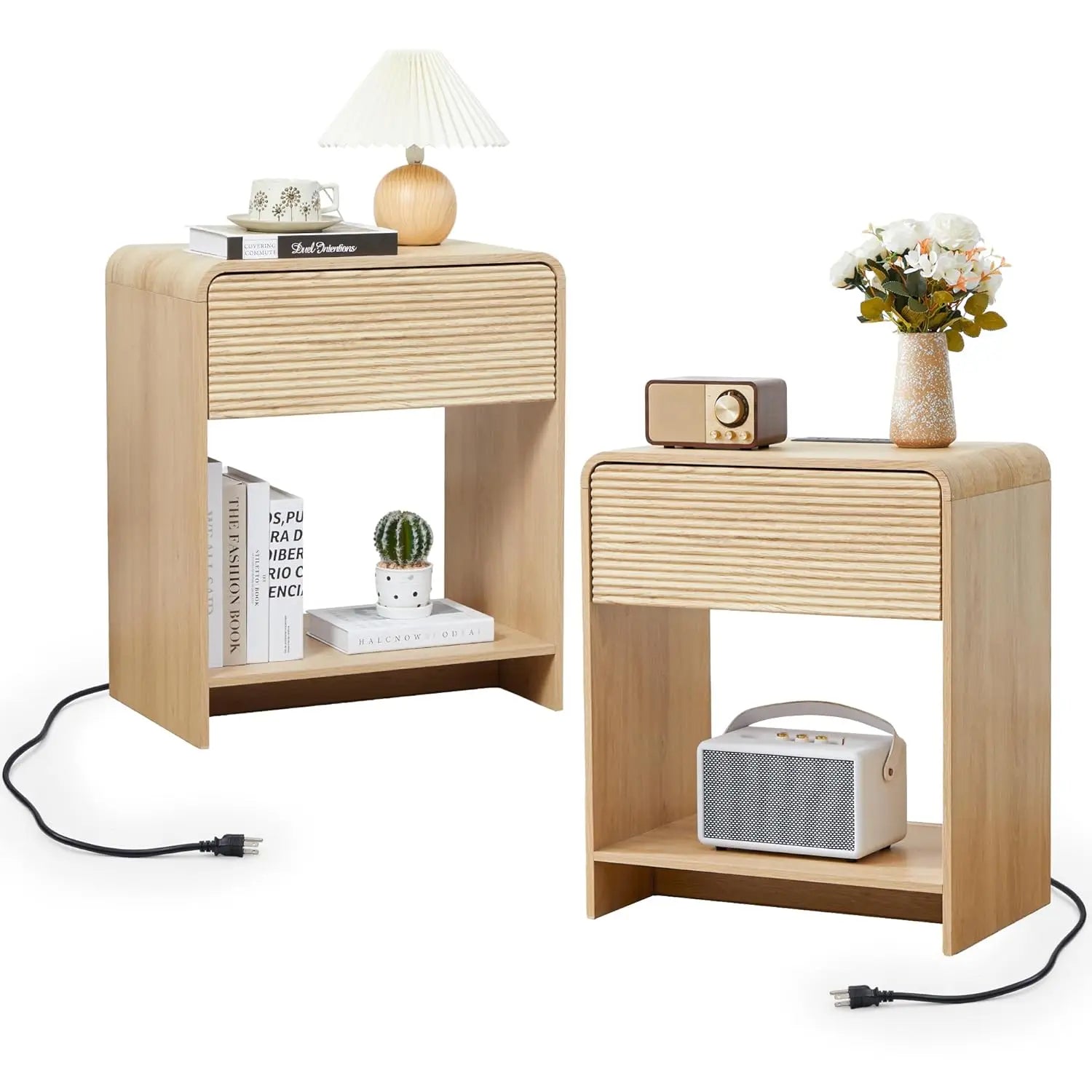 Fluted Nightstand Set of 2 with Charging Station, Modern Bed Side Table End Table with Drawer Storage, Large Wooden, Customized