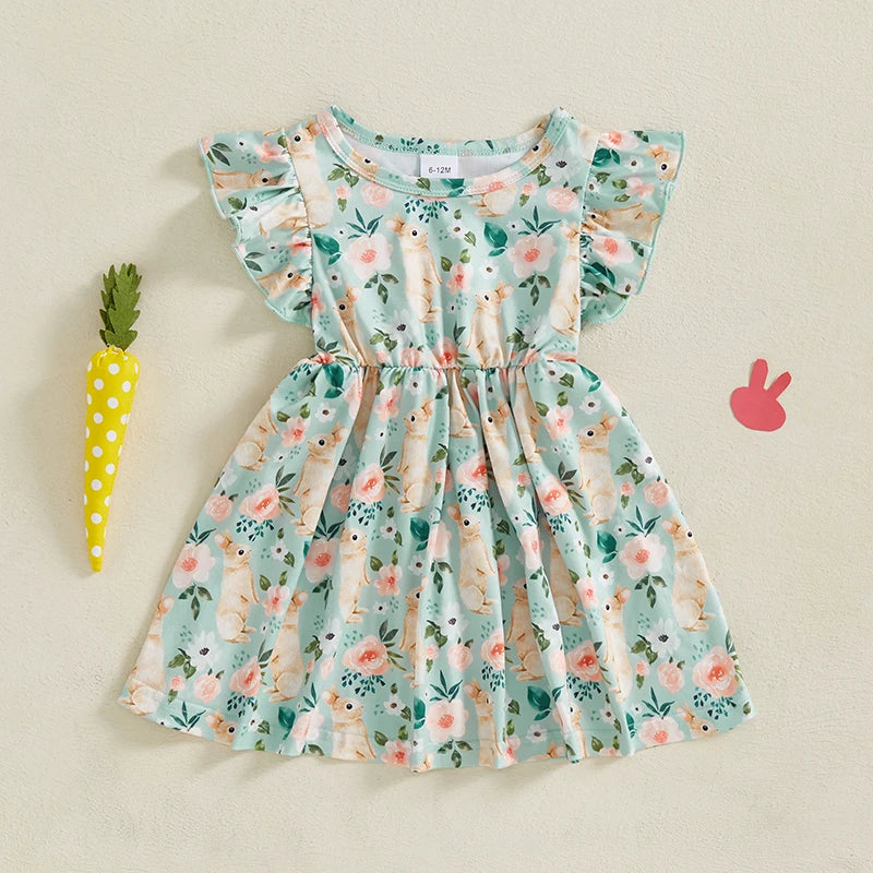 Baby Girl Easter Outfit Pink Floral Print Ruffle Sleeve Round Neck A-Line Dress for Spring and Summer Celebrations