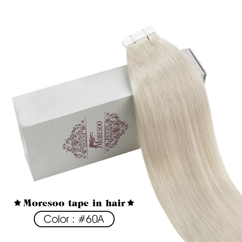 Moresoo Blonde Tape in Hair Extensions Bleach Blonde 100% Real Human Hair Extensions Natural Straight Brazilian Hair Tape ins