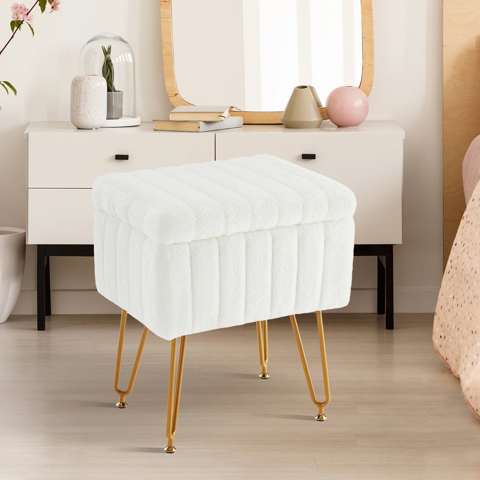 JHK Faux Fur Living Room Hidden Storage Stools & Ottomans Padded Makeup with 4 Metal Legs Anti-Slip Adjustable Feet for Home