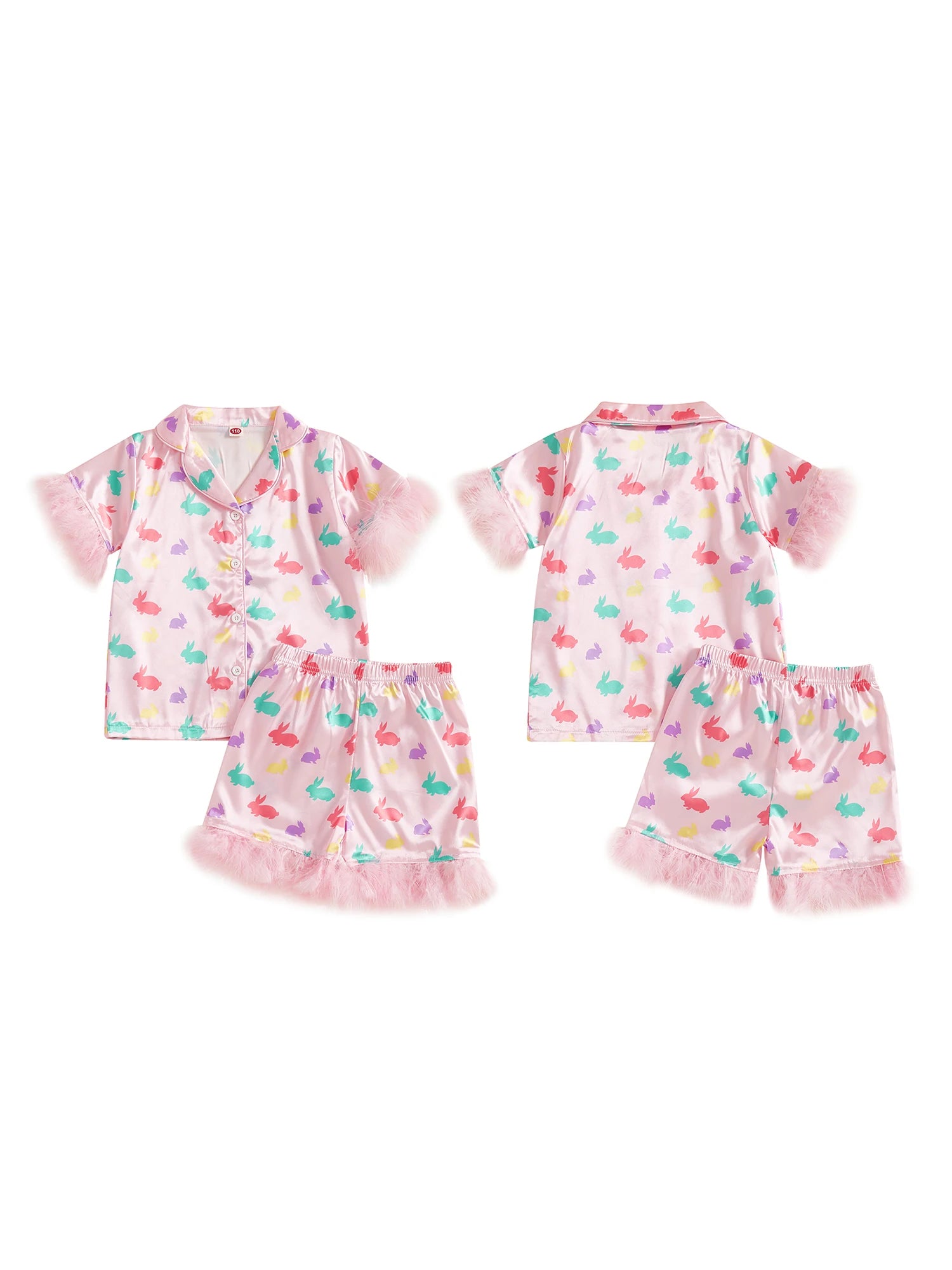 Easter 2-Piece Pajama Set with Short Sleeve Lapel Bunny Print Shirt and Shorts for Comfortable Sleepwear