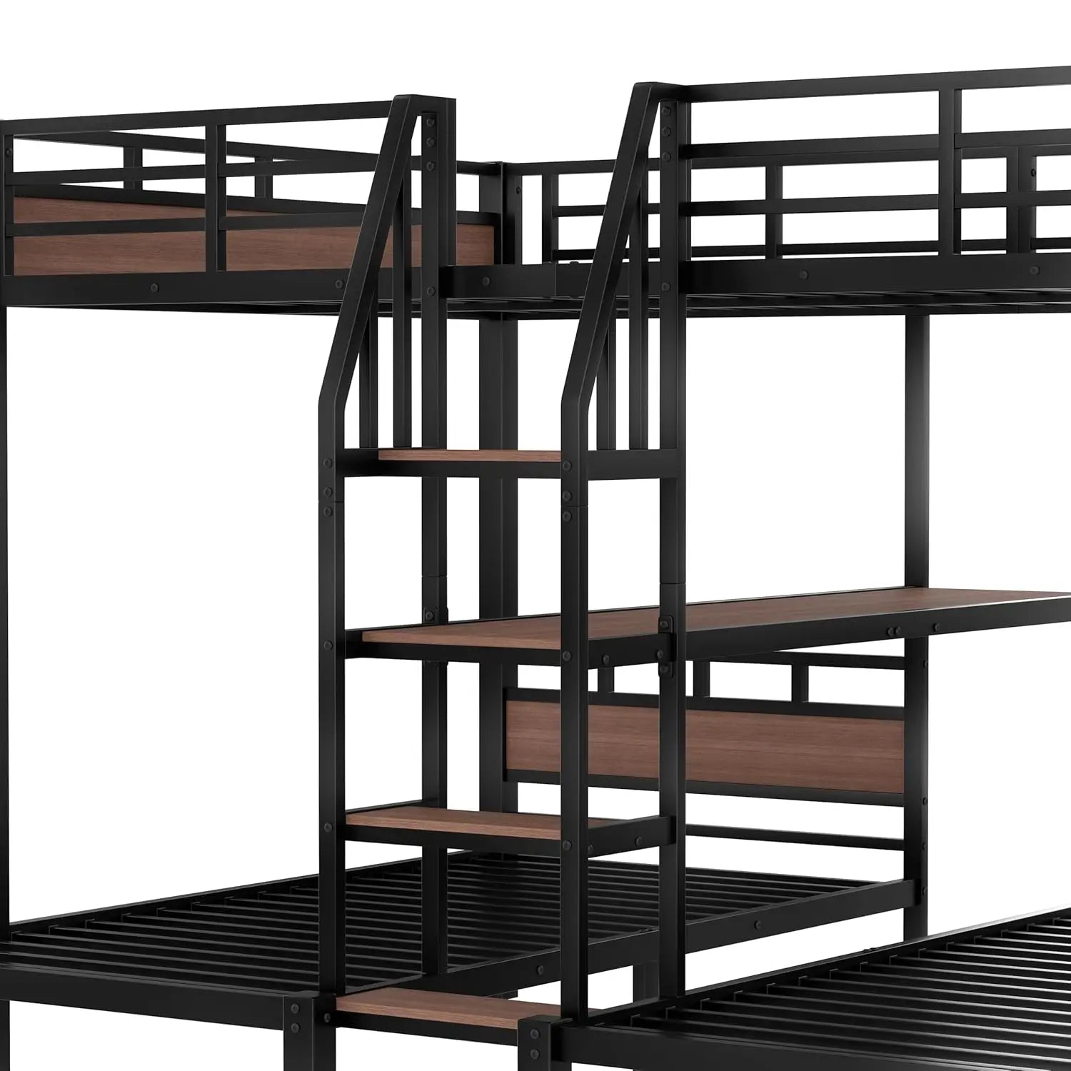 Queen Over Twin Over Twin Metal BunkBed with Storage Stairs and Shelves, 3-in-1 Triple Bunk Bed with Headboard, Space Saving, fo