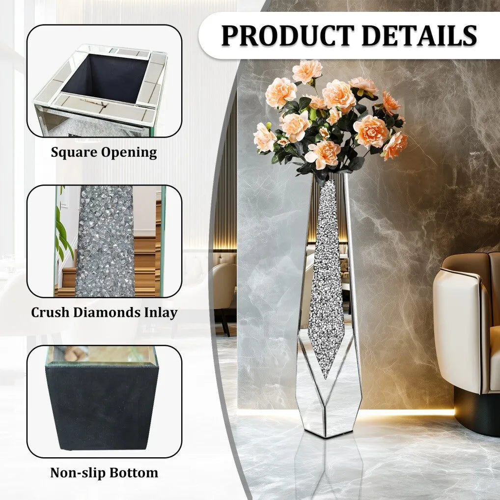 XL Floor Vase for for Dried Flower, 86cm Tall Sparkle Diamond Vase with Mirrored Bevelled Border, Open Base