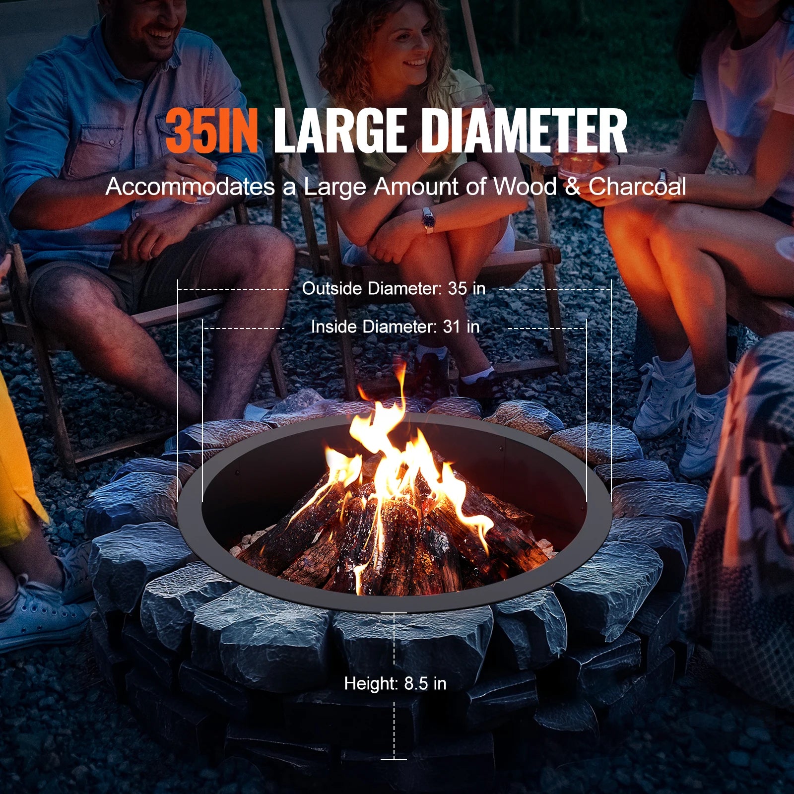 SucceBuy Fire Pit Ring Thick Fire Pit Insert Heavy Duty Carbon Steel Liner DIY Campfire Ring above or In-Ground for Outdoor