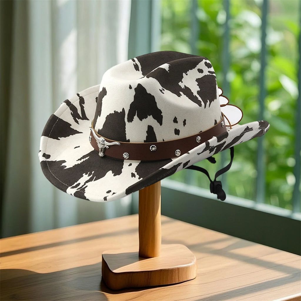 Vintage Leather Cowboy Hat for Women and Men with Cow Print Design Wide Brim Western Cap featuring Windproof Rope and Leather