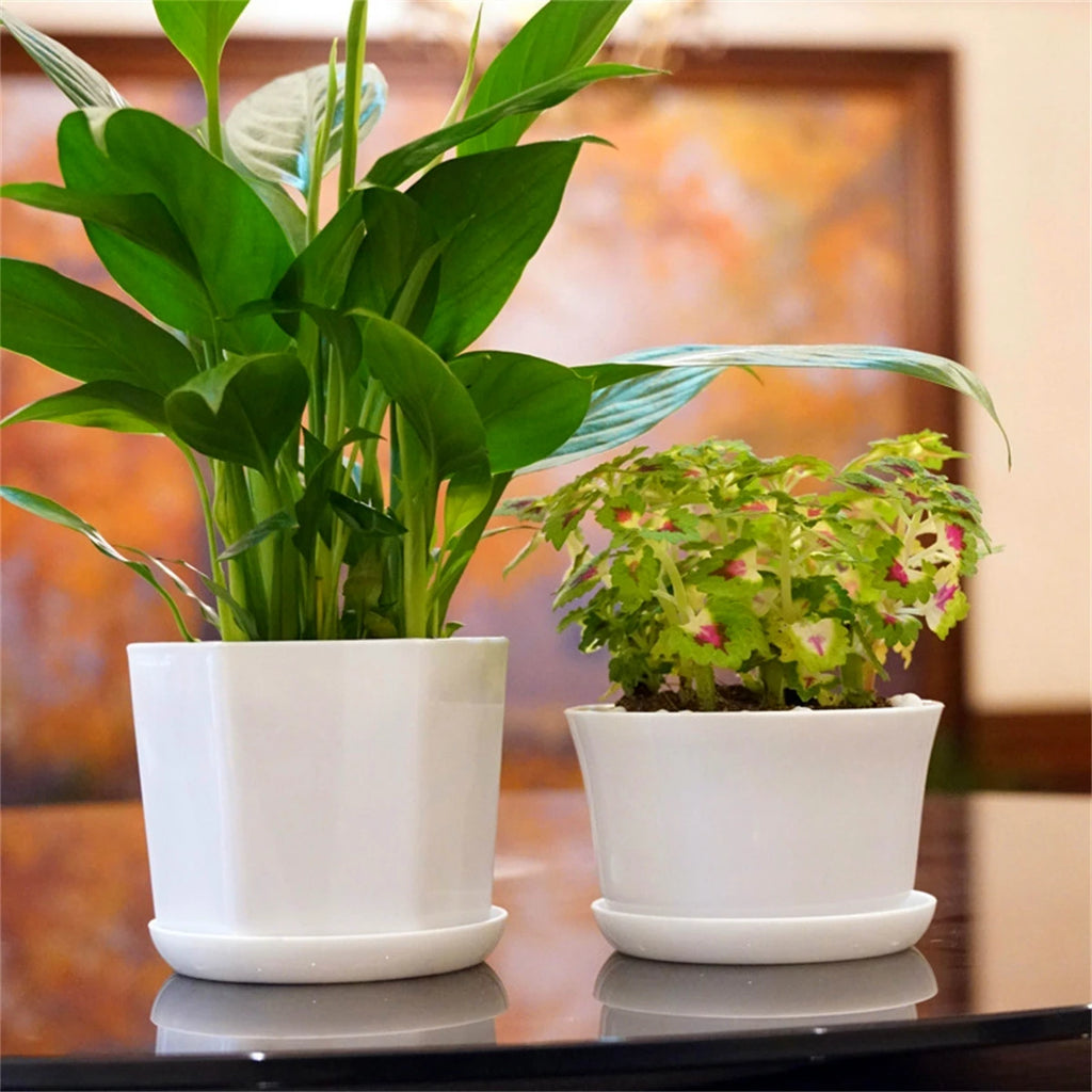 1/5Pcs White Modern Flower Pots With Trays Garden Balcony Desk Thicken Boxes Home Office Minimalist Bonsai Polygonal Containers